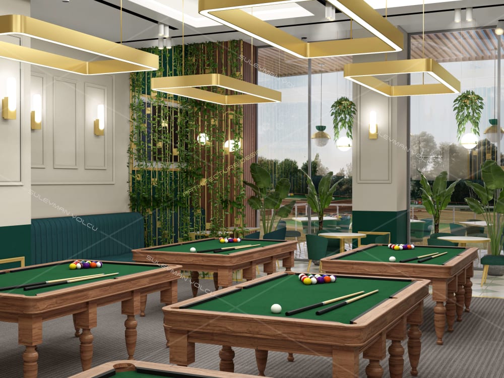 Billiard room, snooker club, restaurant, interior design and 3d
