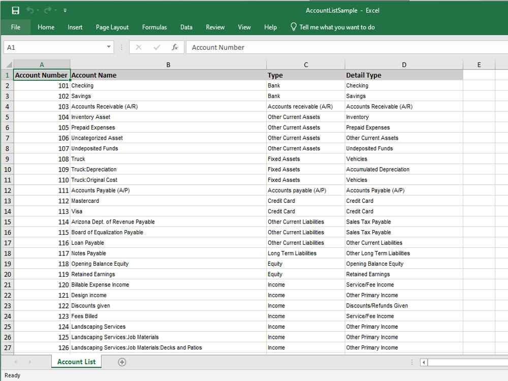 A list of chart of accounts for QuickBooks Online in Excel Format Upwork