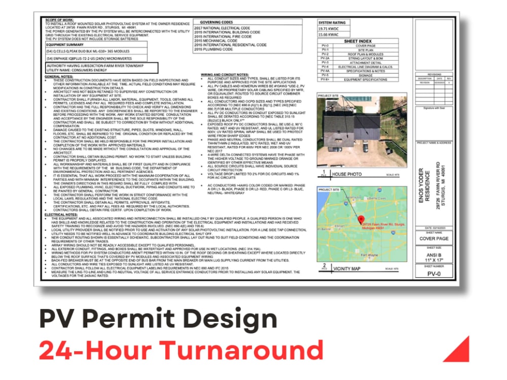 A Residential Solar/PV Permit Plan Set (up to 20KWDC/24Hour turnaround