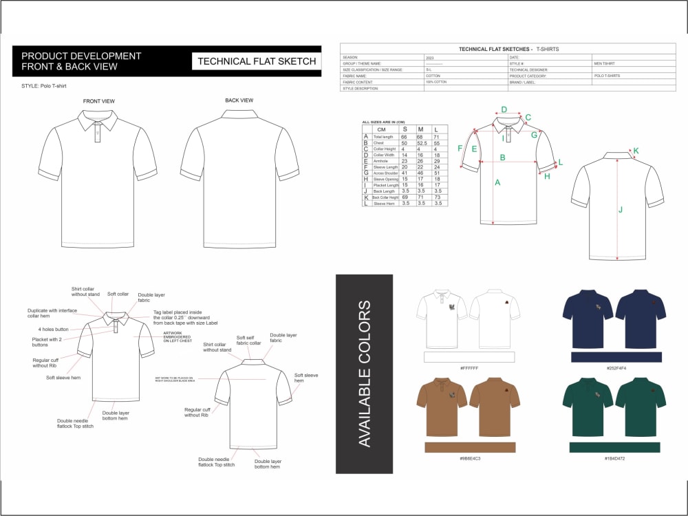 T-shirt and polo shirt tech pack and flat sketches | Upwork