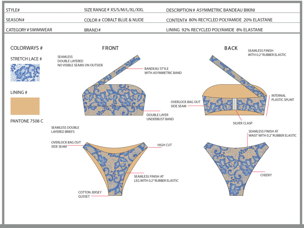 Swimwear cad sketches and tech packs