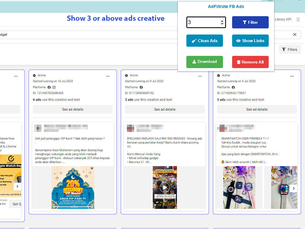 Facebook Ads Library Extension Tool for Filter creative ads Upwork
