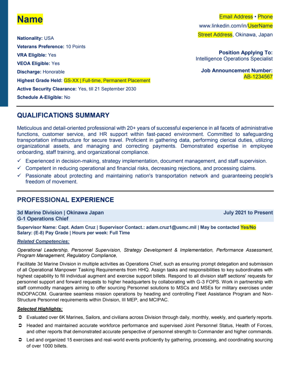 Federal Resume + CL + Knowledge, Skills, Abilities (KSAs) for USA 