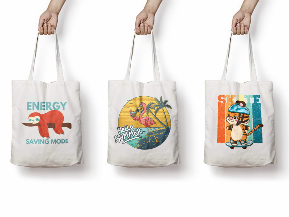 A custom canvas tote bag, shopping bag, and paper bag