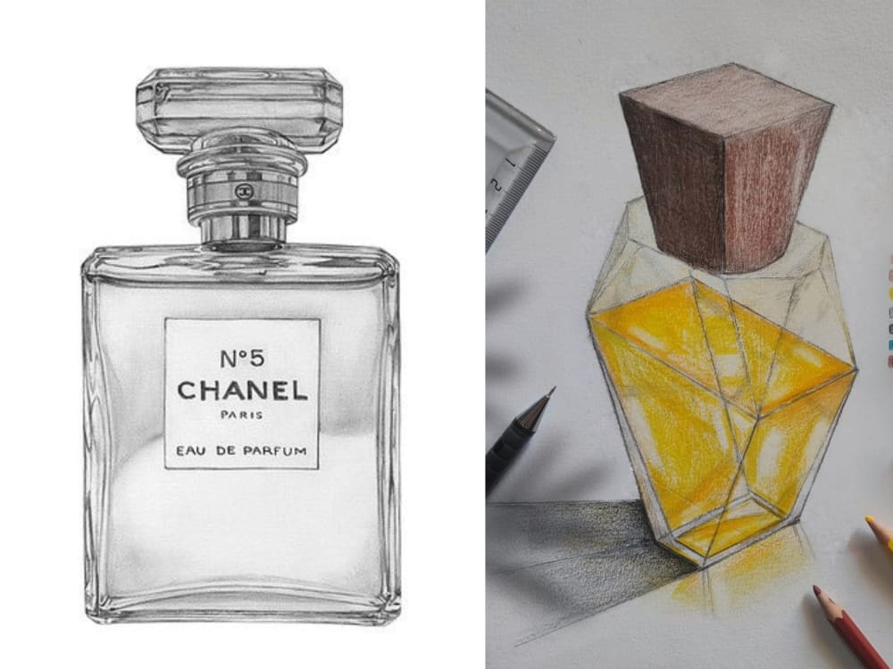 Design a luxury perfume fragrance logo and bottles sketch design