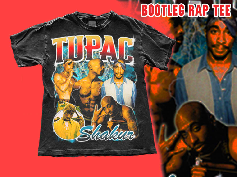 create a vintage bootleg rap t shirt design or 90s style graphic tee