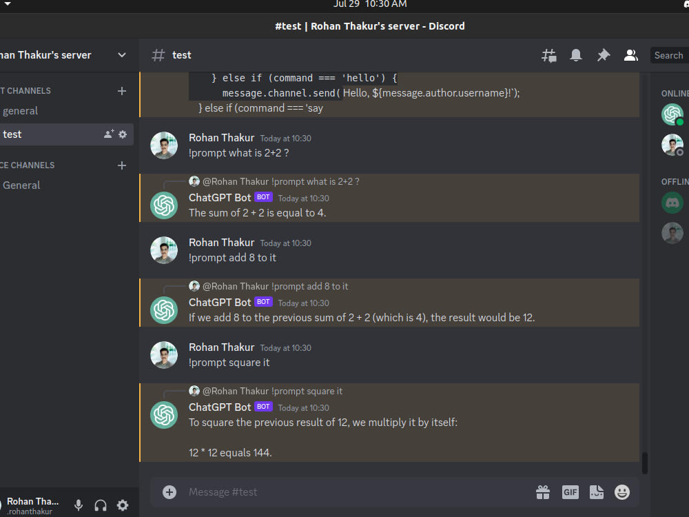 A discord bot connected to ChatGPT. Upwork