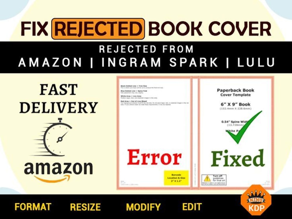 Fix resize design paperback amazon ebook Ingramspark Lulu book cover Upwork