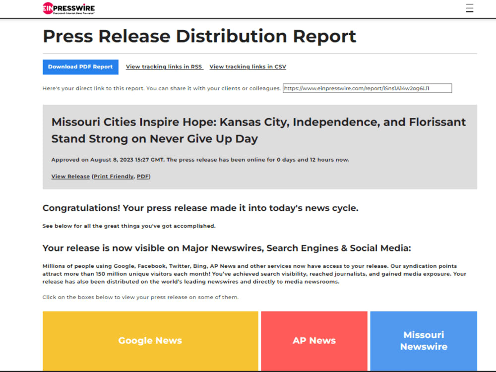 A SUCCESSFUL PRESS RELEASE DISTRIBUTION to 400 USA/UK/WORLD news sites