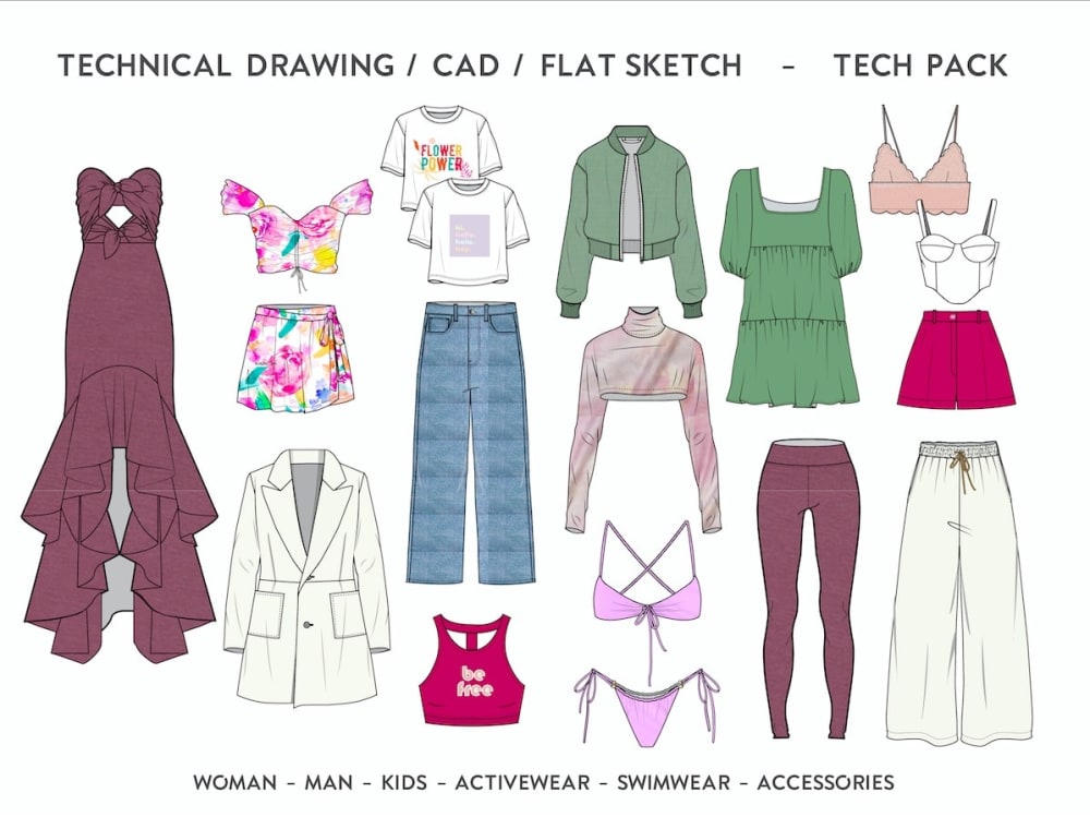 Technical flat sketch and tech pack design for any type of Women Clothing