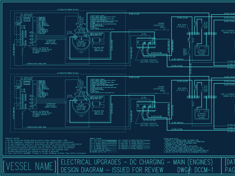 A marine electrical design for DC charging, alternators and engine