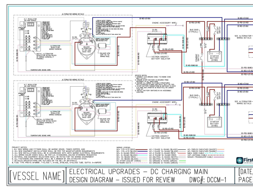 A marine electrical design for DC charging, alternators and engine