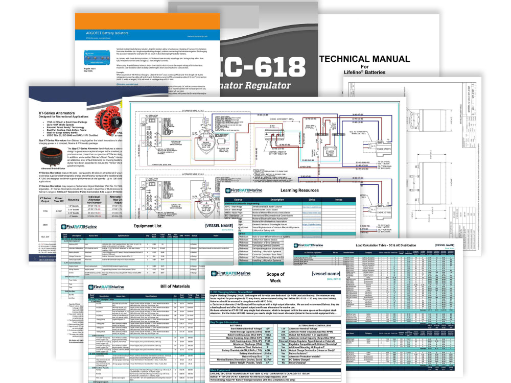 A marine electrical design for DC charging, alternators and engine