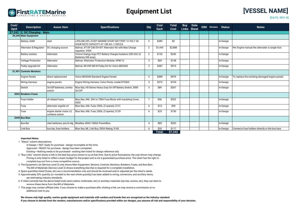 A marine electrical design for DC charging, alternators and engine
