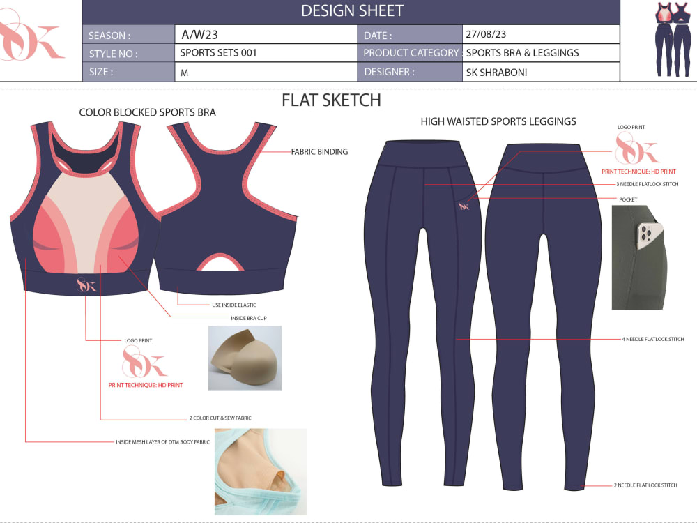 Girl's Sport Bra fashion flat sketch template. Women's Active wear