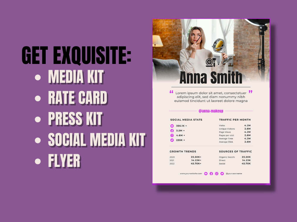 Stunning social media rate card, media kit, press kit, and flyer design
