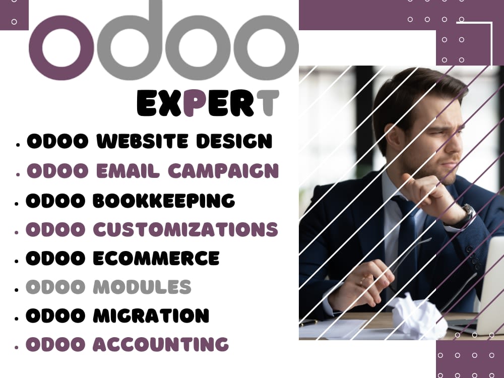 You will get a odoo crm expert odoo chatbot integration odoo erp odoo accounting