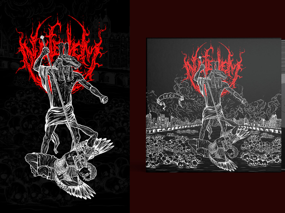 A hand-drawn, detailed dark art, metal album covers