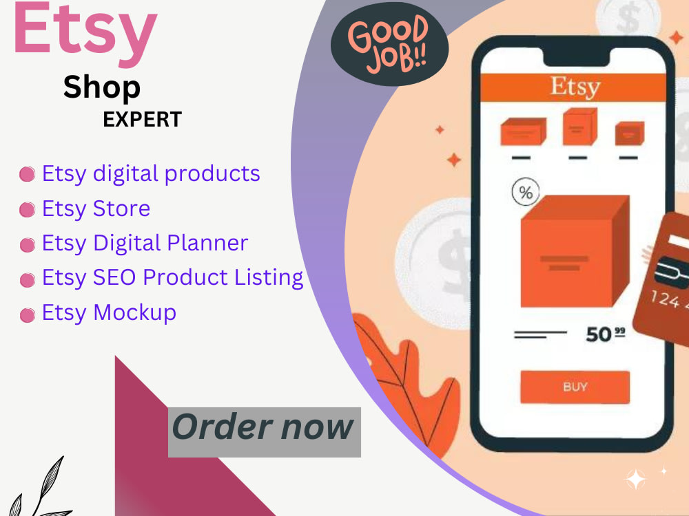 Etsy shop setup, digital products with mockup. Upwork