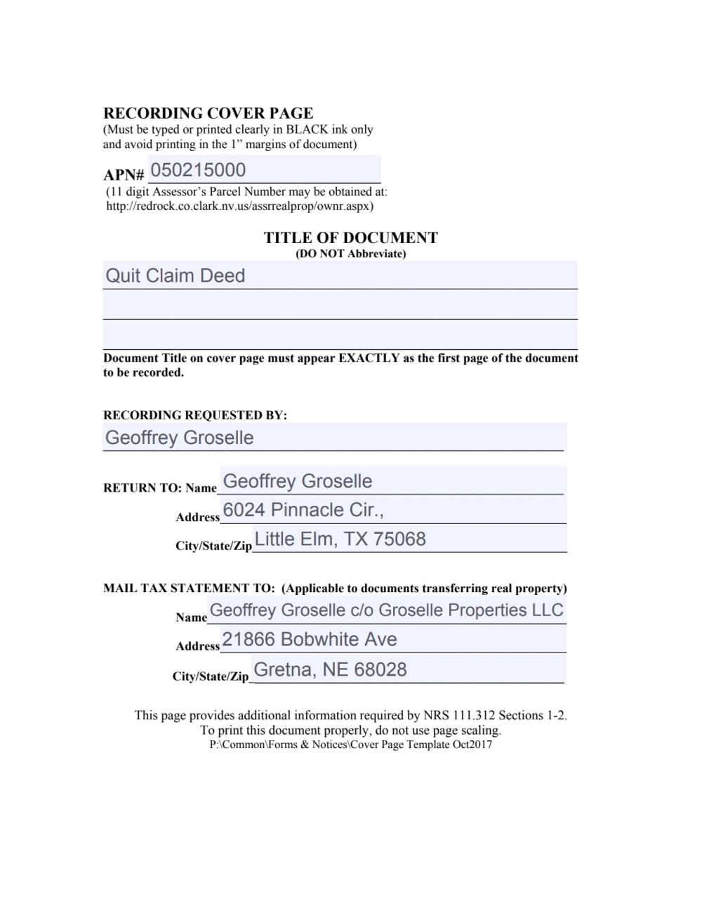 A legal recordable Quit Claim Deed also known as title transfer