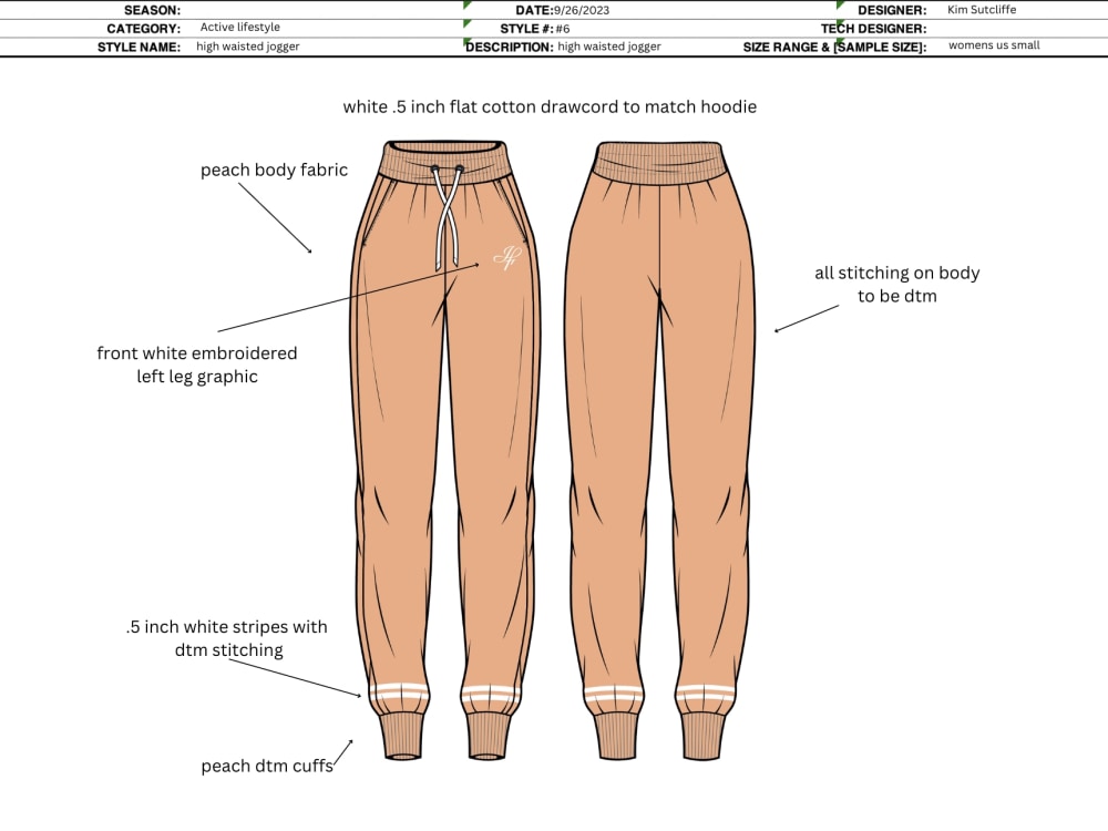Sweatpants Size Sheet for Tech Pack Complete Measurements 