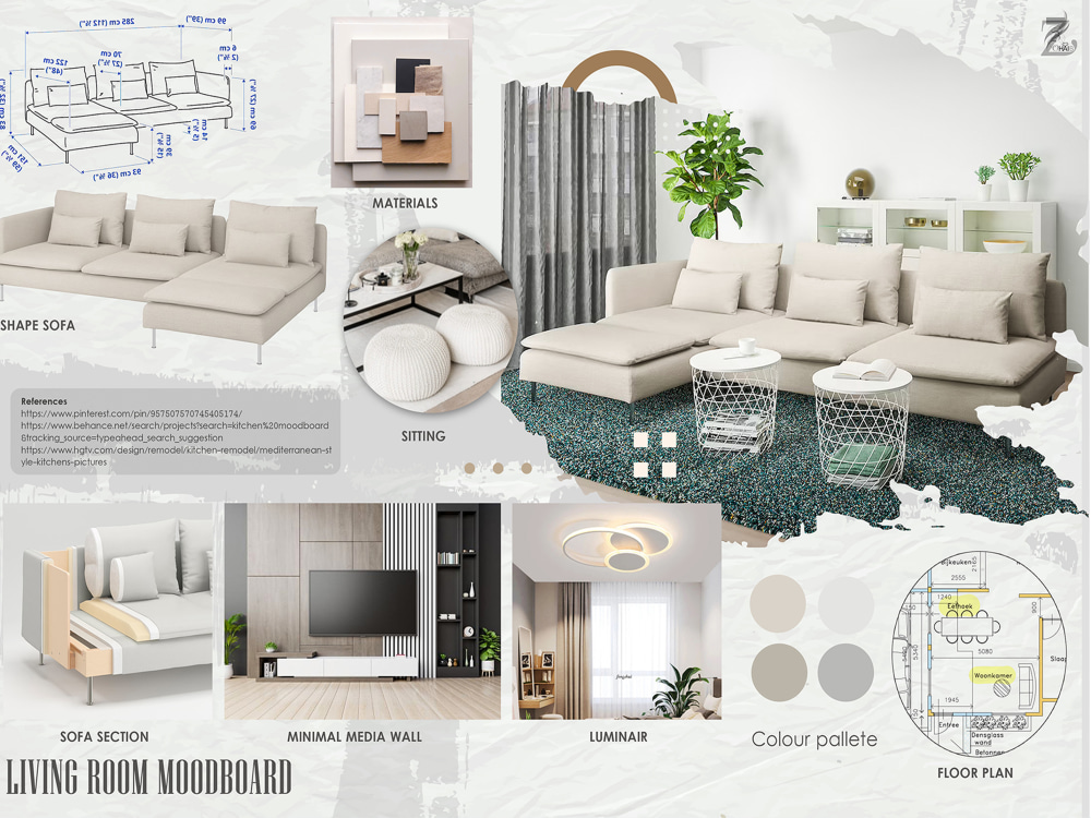 Interior design mood board, floor plan, furniture layout, shopping list