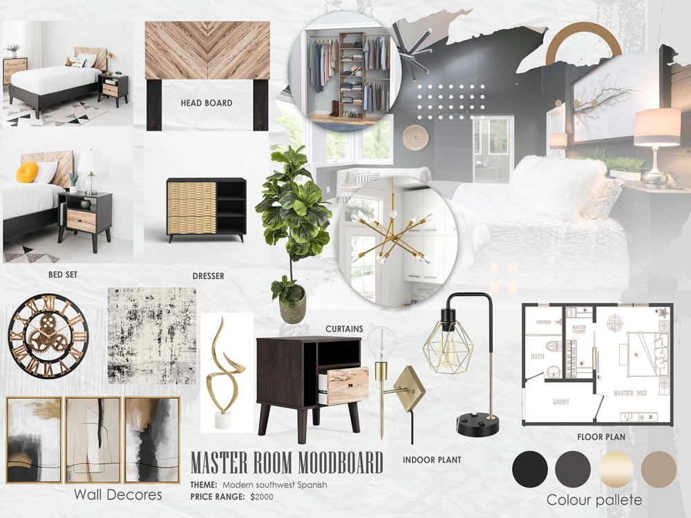 Interior design mood board, floor plan, furniture layout, shopping list