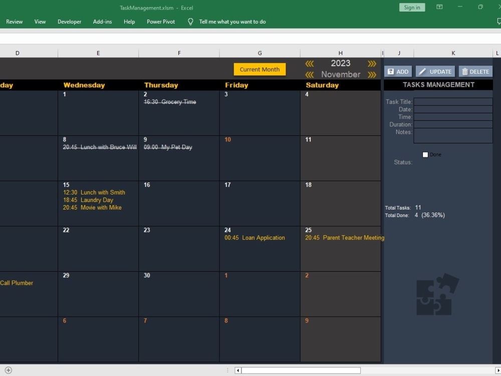 A fantastic Calendar Task Management Tool in Excel Upwork