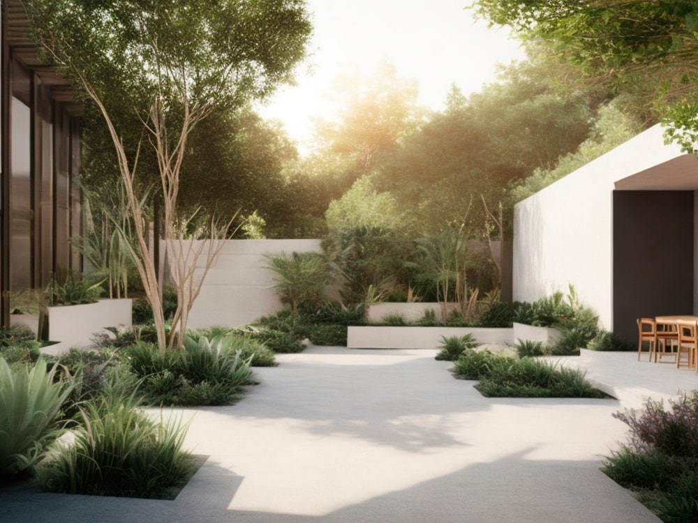 Landscape design of a backyard, garden, patio, terrace, pool rendering ...