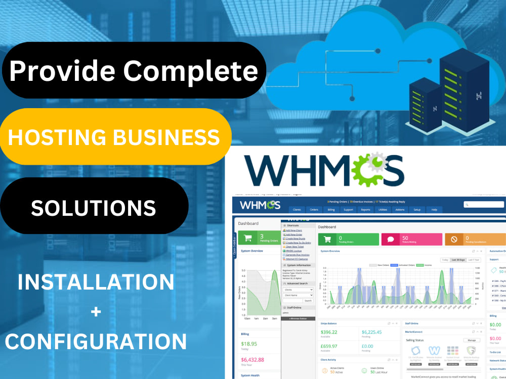 Full web hosting, reseller business with setup Whmcs or Whm cpanel Upwork