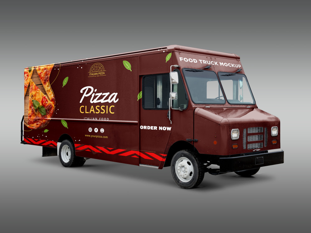 A food truck, food cart, food trailer, food van, food menu wrap design