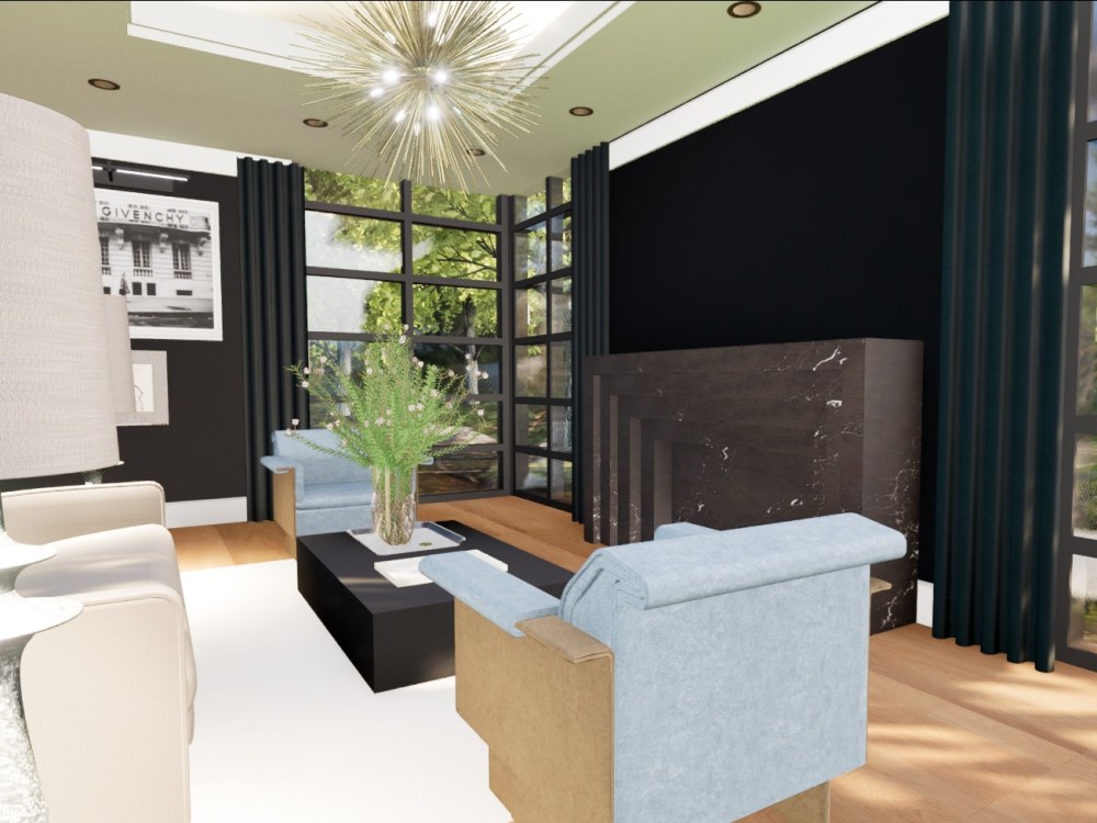 Interior design furniture selections, floorplan layout, and renderings