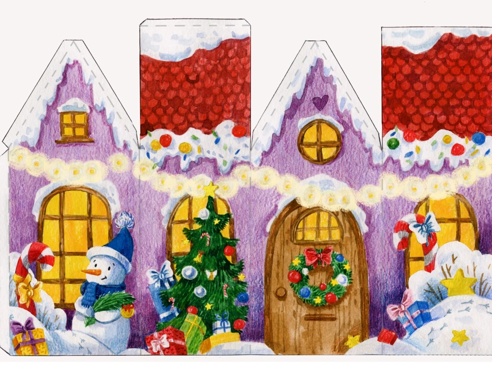 A unique hand-drawn watercolor Christmas house template to cut and glue ...