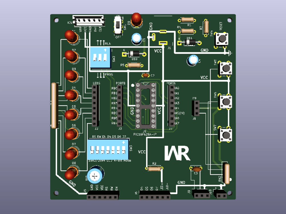 A PIC16F648A Development Board having 2 IO ports, 8 LEDs, 3 PBs, 16x2
