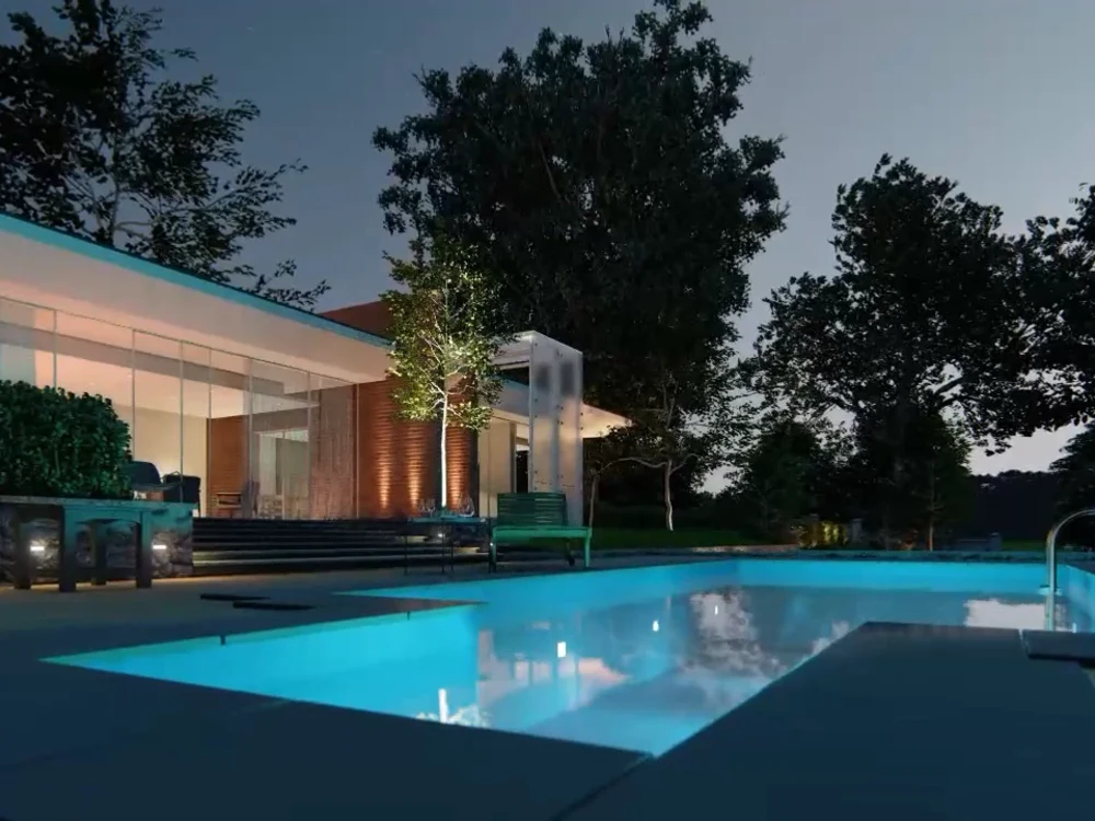 3d rendered exterior, landscape, backyard, garden, swimming pool, patio ...