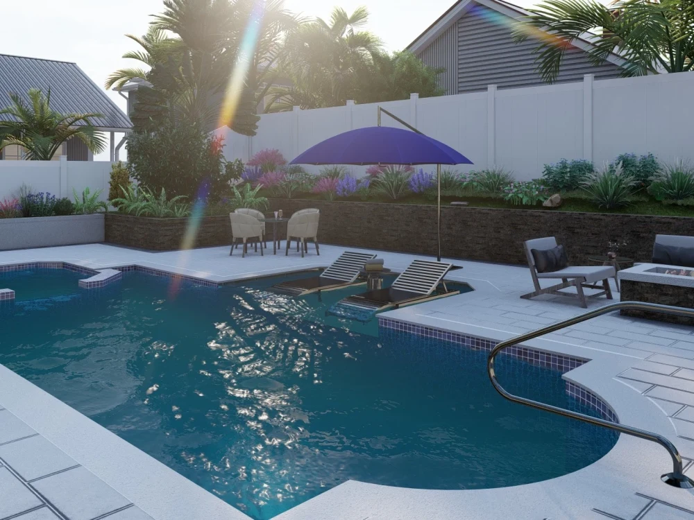 3d rendered exterior, landscape, backyard, garden, swimming pool, patio ...