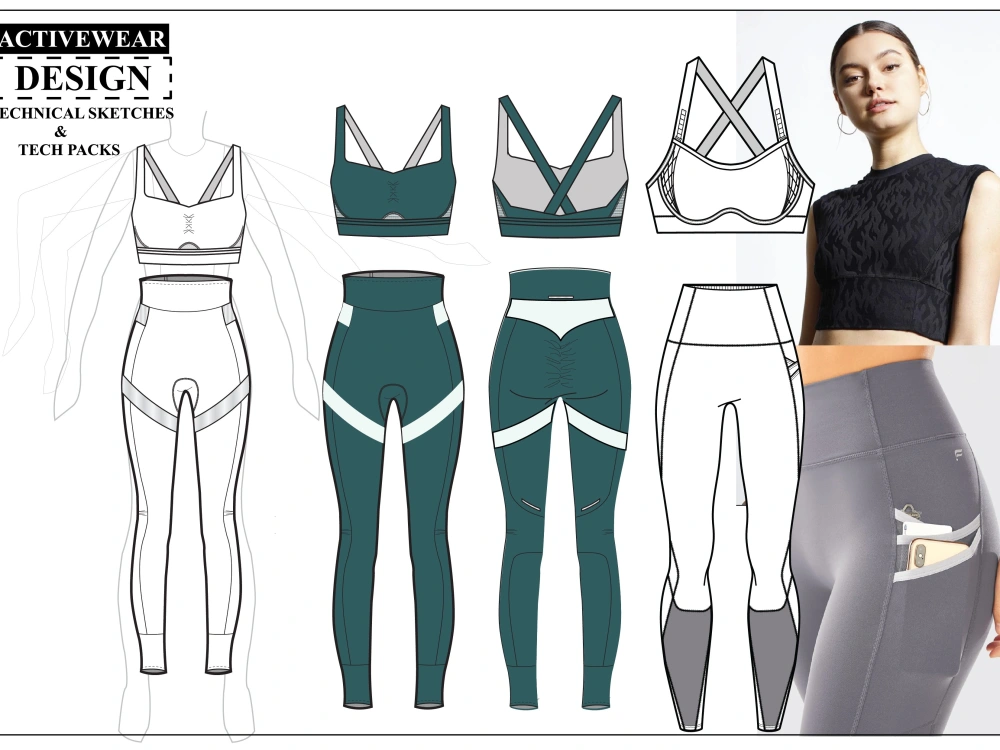 Women's activewear flat sketch and tech pack