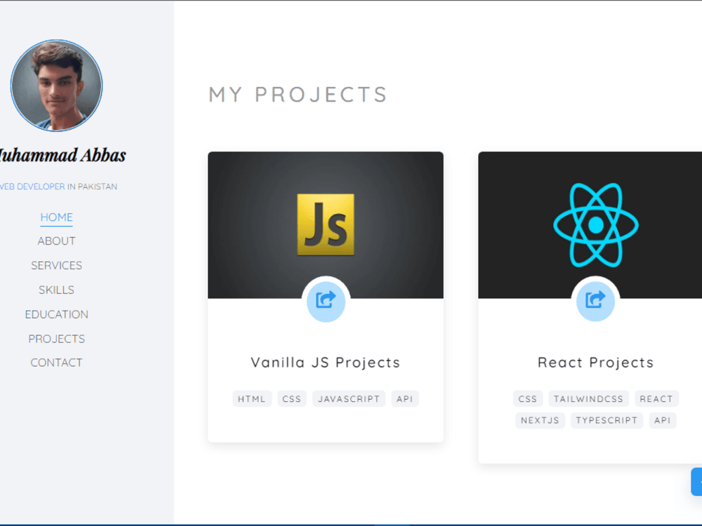 A portfolio website with HTML, CSS, Javascript and React js. | Upwork