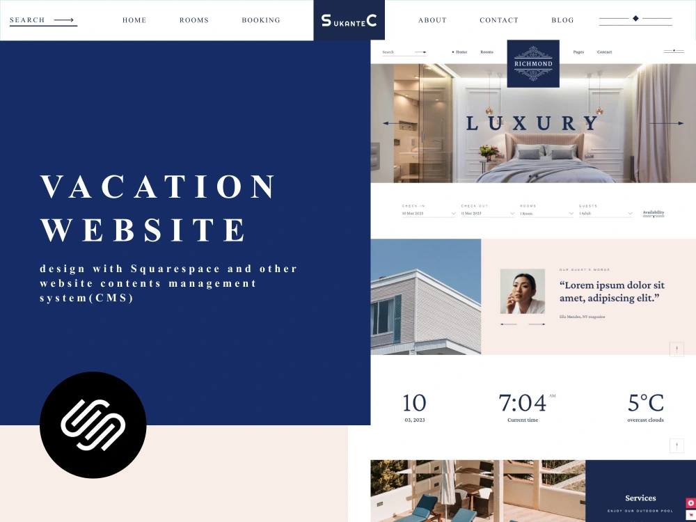 A stunning hotel website, booking website, rental website with squarespace Upwork