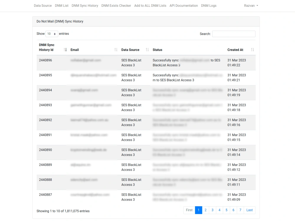 Do Not Mail (DNM) list synchronization between email delivery services