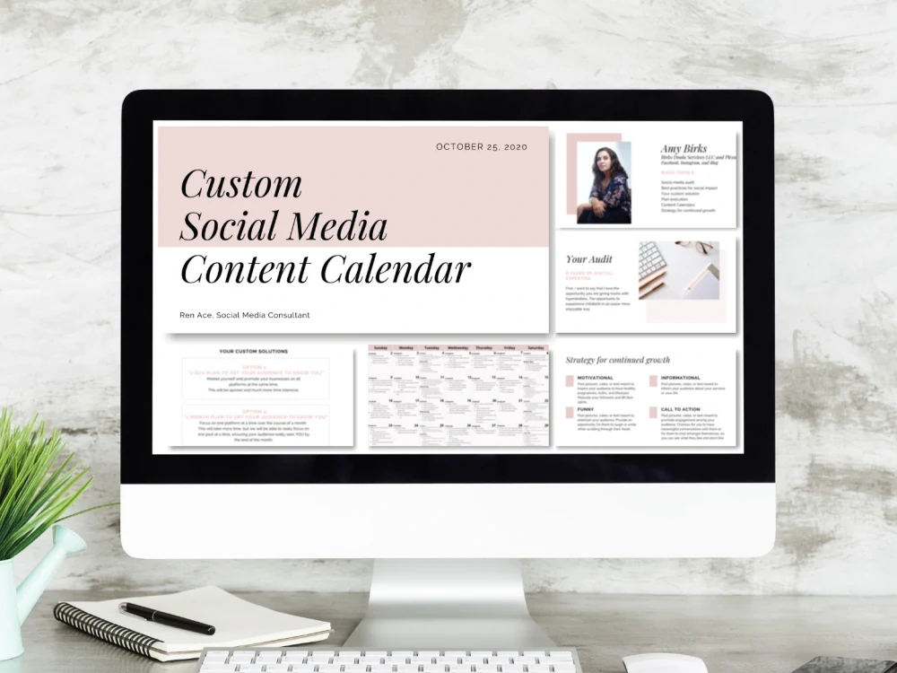 A custom content calendar with a months worth of content (30 days ...
