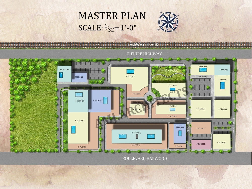 Rendered architectural site plan, master plan, floor plan, elevations ...