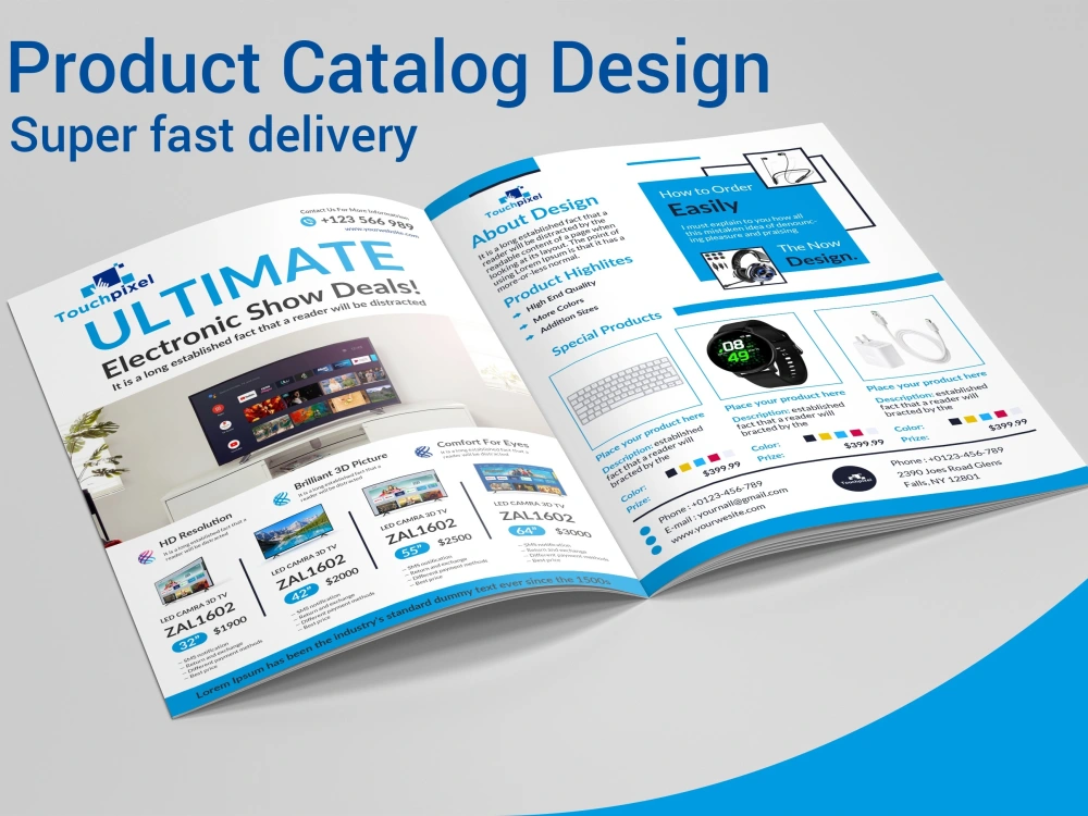 Digital product catalog, flyer menu, sell sheet, magazine brochure