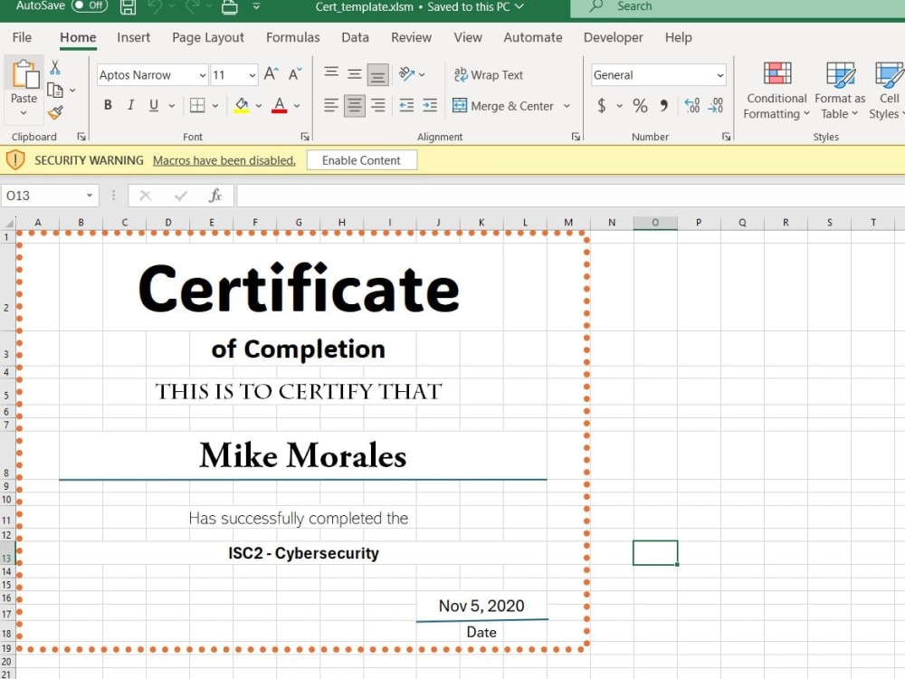 Excel with macros that enables to print certificates as pdf upwork