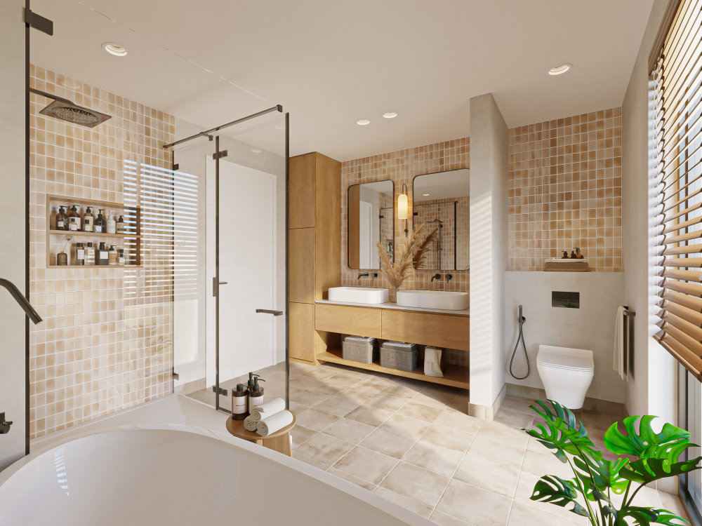 Modern 3d interior design for bathroom in 3d modeling and 3d rendering ...