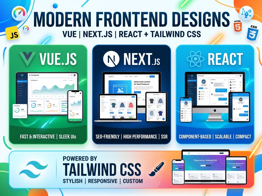 Modern, responsive React, Next.js and Vue frontend design with Tailwind ...