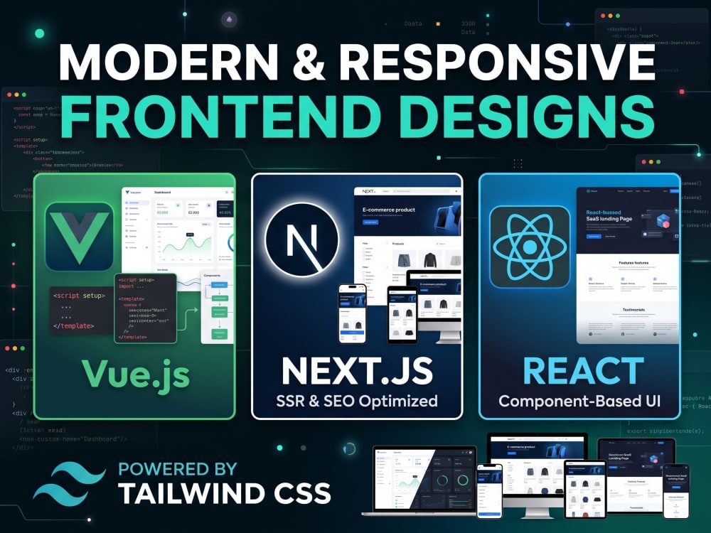 Modern, responsive React, Next.js and Vue frontend design with Tailwind ...