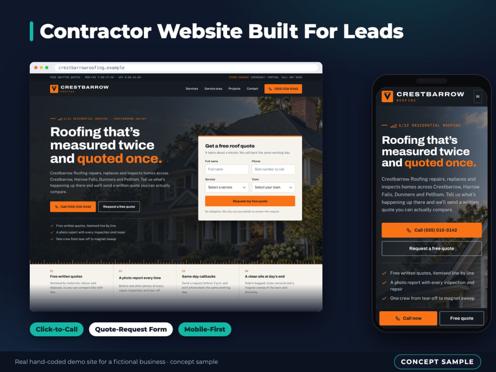 A lead-focused contractor website for a roofing, HVAC or plumbing ...