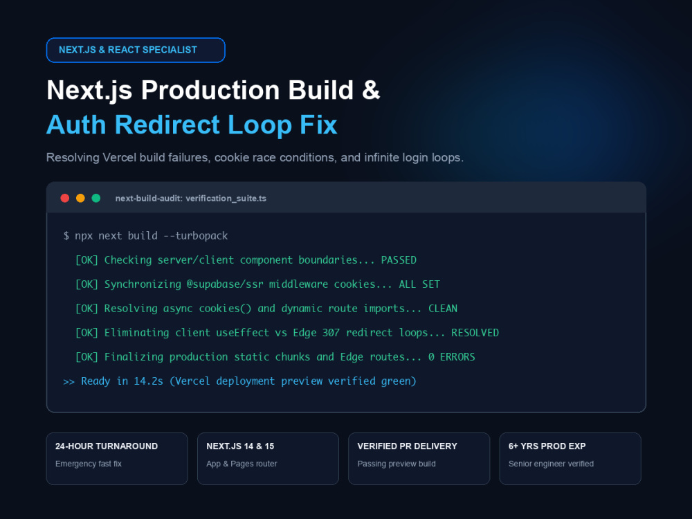 A Next.js build error or auth redirect loop fix in 24 hours | Upwork