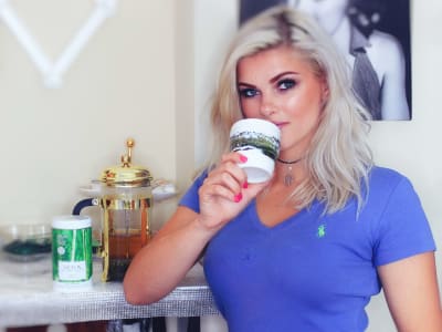 A professional product photo with a model
